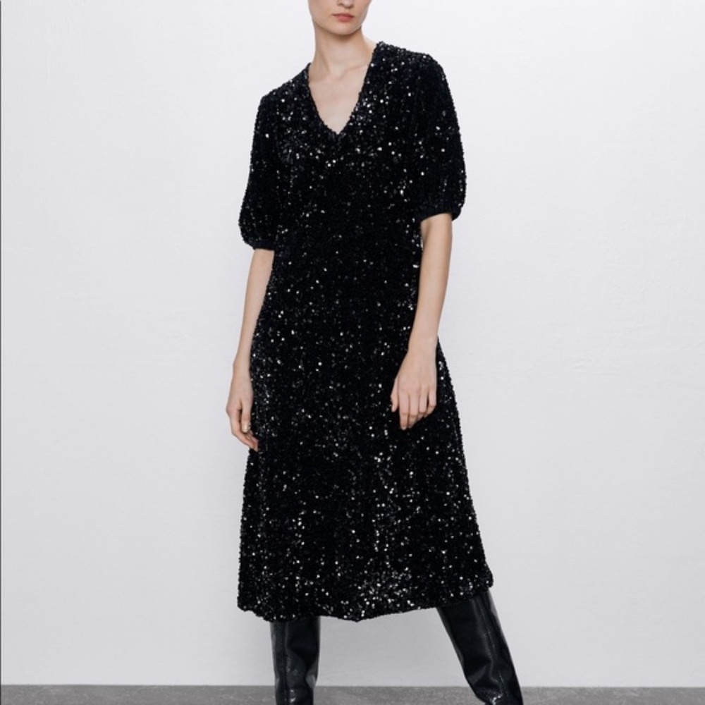 Zara Black Velvet Sequin V-neck Midi Party Dress with Puff Sleeves Size S